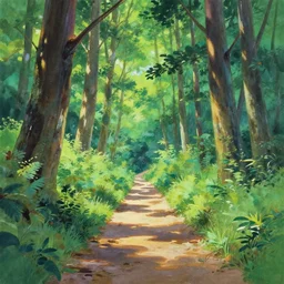 forest walkway on a sunny day, traditional gouache painting by chinese studio, disney studio, pixar and kyoto animation