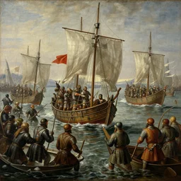 An oil painting of a medieval naval battle, highly detailed, intricate, 4k, masterpiece