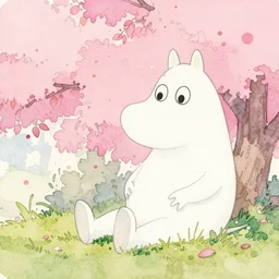 pink pastel moomin watercolor painting made by classical watercolour Japanese artist Miyawaka Owazaki (1482)