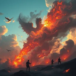 heron made of smoke, lava and fire flying in the sky ; heron flying in the sky ; bennu flying in the sky ; humans being devoured ; aliens, robotic machines, gods, bio - mechanical intelligences, glitch creatures, dmt entity ; lsd art, trending on artstation, style greg rutkowski
