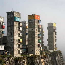 high towers made up of concrete makeshift squatter shacks with bright colours, suspended over a cliff, hasselblad, uniform plain sky, foggy, fine details, photographed by michael wolf and and pollock
