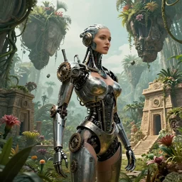 ultrarealistic, cyborg, cyberpunk, gears, steam, future, iamrobot movie, alien technology, beautiful, soft skin, harsh metal, overgrown forest, floating rubble, formless vines, flowers, alien plant life, jungle, aztec temple, decay, ruins, floating rocks connected by huge vines, sandstone buildings, alien flora