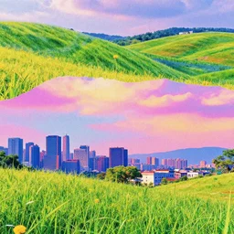 low angle, hipster magazine cut out collage, surrealist lights, psychedelic water colors, grassy hills background, city with a beach, night with thunder and lightning, aquatic plants 🪴, space rocket 🚀 take off