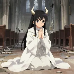 cute japanese girl with small horns, dressed in an old white coat, praying on the floor of a destroyed church, with an elegant smile, detailed artwork by Yoji Shinkawa