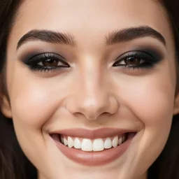 forehead visible, beautiful smile with pretty teeth, black eye shadow, realistic natural lighting