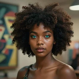 Stunning concept art portrait of one goddess with gorgeous afro and teal eyes, highly detailed cyberpunk afrofuturism style, abstract art in the bokeh background, by Picasso, evening ambience, sharp, well focused, volumetric soft lighting, artstation HD, 8K