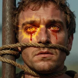 1 9 7 0 s movie still close - up of marcus atilius regulus'face tied with ropes at a pole with sewed eyes, forced - open eyes looking directly at the burning sun, his eyes are bleeding intense, cinestill 8 0 0 t 3 5 mm, high quality, heavy grain, high detail, texture, dramatic light