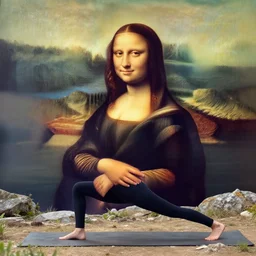 a young woman wearing workout clothes is doing yoga outdoors in the mountains!!, looks like mona lisa, sharp focus, hyper realistic, centered, extremely detailed, wide shot!, a painting by leonardo da vinci!