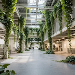 interior of a large abandoned ikea shop, covered by nature with leaves and vines