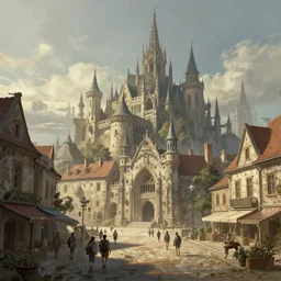 people walking at the town central place, art by wadim kashin, cgsociety, old gothic architecture, big medieval town, concept art, fantasy, dystopian art