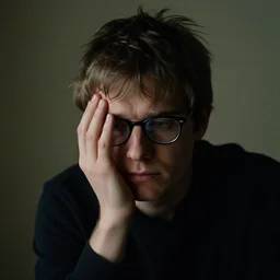 photograph of a man with glasses and short unkempt hair, nerd, young, emotional, depression, loneliness, dim light, sigma 85mm f/1.4, by annie leibovitz