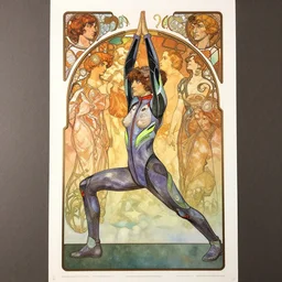 an art nouveau copic maker poster of a person doing hatha yoga wearing an evangelion pilot suit designed by balenciaga by john berkey by stanley artgerm lau, greg rutkowski, thomas kinkade, alphonse mucha, loish, norman rockwell