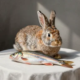 still life painting of a fish rabbit on a white table
