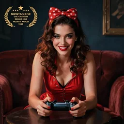a pin up woman playing a videogame, front view, digital art, photoshop, dark lighting, couch