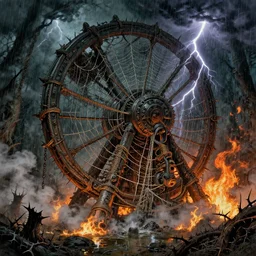 large mechanical device meticulously grinding down the truth and enslaving humanity, grand, power, overpowering, ominous, ropes, webs, torturous, dark, steam, chains, fire, spiked, rain, mirth, clouds, lightning, puddles, consuming, parasitic, forest, thorns, by stanley artgerm lau, greg rutkowski, thomas kindkade, alphonse mucha