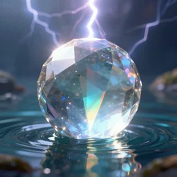 a magical fantasy illustration of a faceted crystal ball in water + prism + god rays + dramatic lightning + backlit + specular highlights + ambient occlusion + global illumination + bump map + reflective + caustics + refractive + unreal engine 5 + DOF + sharp focus