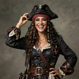 fierce, happy, female pirate captain, fully clothed, art by michelangelo. detailed. 8 k