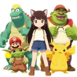 anime catgirl godzilla yoda donkey kong pikachu yeti shrek super mario homer groot waluigi darth vader mike wazowski, highly detailed, extremely high quality, hd, 4 k, 8 k, professional photographer, 4 0 mp, lifelike, top - rated, award winning, cinematic, realistic, detailed lighting, detailed shadows, sharp, no blur, edited, corrected, trending