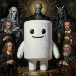 hyper realistic painting of marshmallow man by wayne barlowe, beksinski, hr giger, austin osman spare, bussiere, roberto ferri, rembrandt, luis ricardo falero, intrincate ornaments, occult art
