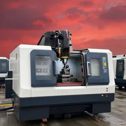 cnc lathe from haas st - 3 0 stands in a green field, the sky is bright red with clouds