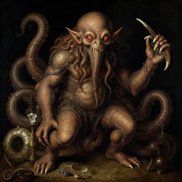 a cthulhu monster, flemish baroque painting by jan van kessel the younger, black background, intricate high detail masterpiece
