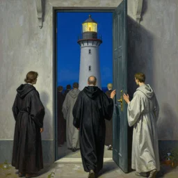 worshippers in robes entering the door of the light house, going through the door, high detailed beksinski painting, part by adrian ghenie and gerhard richter. art by takato yamamoto. masterpiece, deep colours, blue