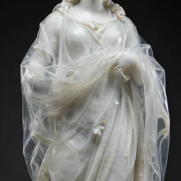 a delicate renaissance marble sculpture covered with water veil, highly detailed transparent marble cloth, gi, global illumination, physically based rendering, photorealistic, top light, dark background