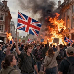 people violently protest in London, burning buildings, Brexit flag in flames, 2d, ultra highly detailed, digital painting, smooth, sharp focus, artstation, pixiv, art by Ilya Kuvshinov