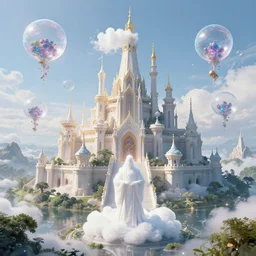 foam priest and his bubble kingdom, beautiful landscape, highly detailed, flying buildings, palace, bubble trees, artstation, masterpiece, art by dylan kowalski and huifeng huang
