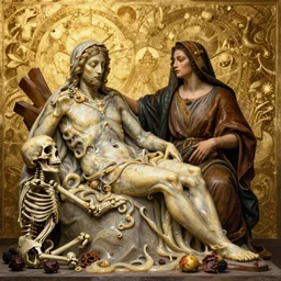 masterpiece ultrarealistic ultradetailed la pieta painting of slime catholic veiled lady beside skeleton and rotten fruit still life, greg rutkowski, immerse, 1 9 th, special effects makeup, maximalist, glittering, gold, ivory, hyperreal, golden ratio, alphonse mucha