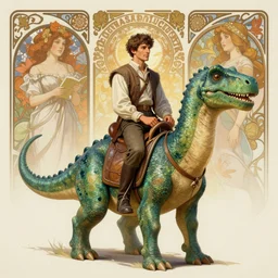 hyperdetailed portrait of a man riding a green anthropomorphic dinosaur wearing a saddle. highly detailed portrait, digital painting, sharp focus illustration, artstation hq. intricate, elegant. wlop, greg rutkowski, alphonse mucha, medium shot. dan mumford andrei riabovitchev, marc simonetti, yoshitaka amano