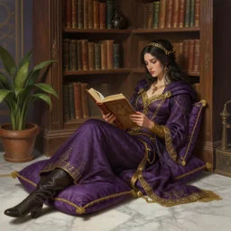a detailed fantasy pastel portrait of a woman wizard in ornate clothing lounging on a purpur pillow on the marble floor in front of her bookcase in a room, reading an ancient tome. to the side is a potted plant. ancient retrofuturistic setting. 4 k key art. raytracing, by chie yoshii and rembrandt.