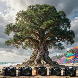 an impressive ominous cinematic shot photo of a great big bonzai tree beach volumetric dynamic fluid simulation lighting light god rays impressive masterpiece hyper detailed intricate sharp focus 8 k realistic illustration canon eos r 3 fujifilm x - t 3 0 sony alpha, by james gurney tooth wu artgerm colorful!!! graffiti!!!, trending on artstation behance cgsociety