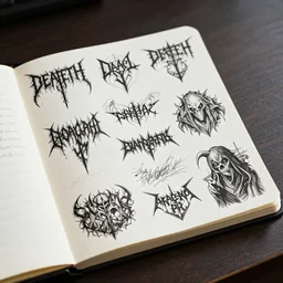 notebook lying open on a desk, filled with death metal band logos, scribbled by a mad scientist