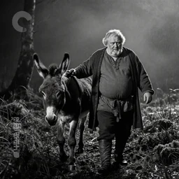 a movie still by tarkovsky of an obese old man in medieval clothes walking with his donkey in a swamp mossy, by night, cinestill 8 0 0 t 3 5 mm b & w, heavy grain, high quality, noir, natural textures, photorealistic, ambient occlusion, hd, mud, fog, criterion collection