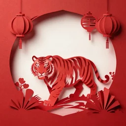 digital poster, papercut, tiger, lunar new year, red scheme