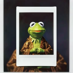 Kermit the frog as jedi, polaroid photo, instax, white frame, by Warhol,
