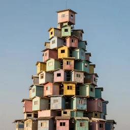 a tower made up of makeshift squatter shacks with pastel colours, vibrant, phase one, uniform plain sky, fine details, photographed by julie blackmon and salvador dali