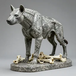 a polished texturized granite statue of a cyber - mech hyena standing over a pile of bones, sculpted by bernini, ultrarealistic