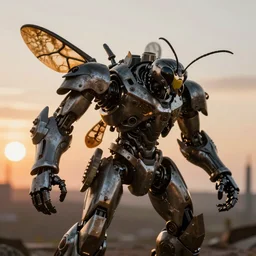 a steampunk warrior wasp, transformer, mech, Ultra detailed, cinematic, cinematic lights, 8k, photorealistic, epic, sunset, ar 16:9