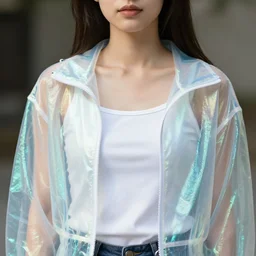 photograph of a young woman, wearing a translucent and iridescent jacket over a white tank top, sigma 85mm f/1.4, 4k, depth of field, high resolution, 4k, 8k, hd, full color