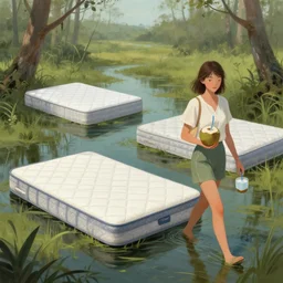 a couple of mattresses taking a walk in a swamp while drinking coconut water. Digital painting, highly detailed, conceptual art, soft, illustration