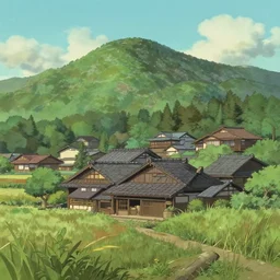 japanese countryside with mountains and old buildings, fantasy style, ghibili, whimsical, 4 k