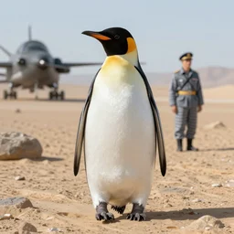 shit Penguin in the desert, Pyjama british Air force Officer, octane render, unreal engine, 8k high definition
