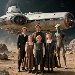 16k film still from a sci fi blockbuster color movie made in 2022, set in 1860, of a family standing in front of a spaceship that has just landed on an alien planet, a humanoid alien creature stands nearby, the family are all wearing 1850s era clothes, cinematic lighting, cinematic camera, cute human faces, extremely good lighting, good photography, winner of seven oscars