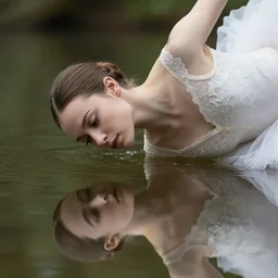very close up digital photo beautiful prima ballerina mirroring herself in the water of a calm river, dress beauty lace, narciso, nicholas fols, britt marling, f. 1. 4, soft blur, volumetric lighting, highly detailed, realistic, refined mute colours scheme fine art, hyper realistic, photo realistic