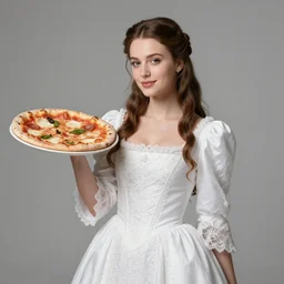 portrait of a yound beautiful queen margherita of savoy, in an intricate white dress, holding up a neapolitan pizza margherita to the camera, muted colors, soft lighting, sharp focus, neutral background, masterpiece, photo by jimmy nelson, cindy sherman