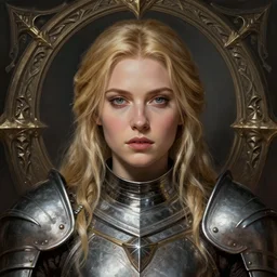 head-on centered symmetrical painted portrait, Elisha Cuthbert as a paladin, blonde hair, steel armour, dramatic lighting, intricate, fantasy, intricate, elegant, highly detailed, digital painting, smooth, sharp focus, illustration, dramatic lighting, artstation, in the style of Artgerm and Anna Podedworna