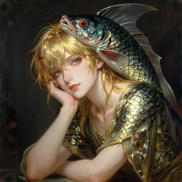 shin megami tensei demon, baroque painting, contemplating reality, human fish hybrid with gills and scales