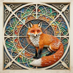 fox carving art, cell shading, voronoi, fibonacci sequence, sacred geometry by Alphonse Mucha, Moebius, hiroshi yoshida, Art Nouveau, colorful, ultradetailed, 2 vivid colour, 3d